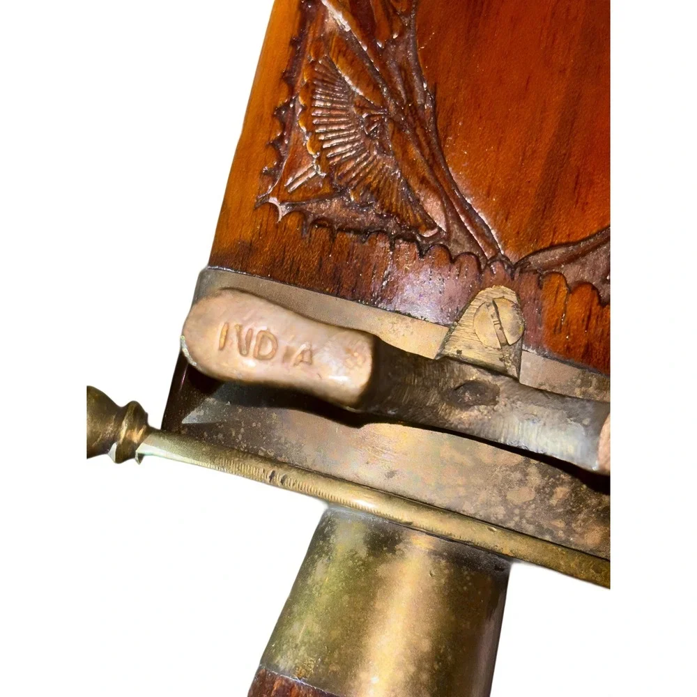 Vtg Hand Carved Wood Brass India Carving Knife Fork Set Sheath Stand Collectible